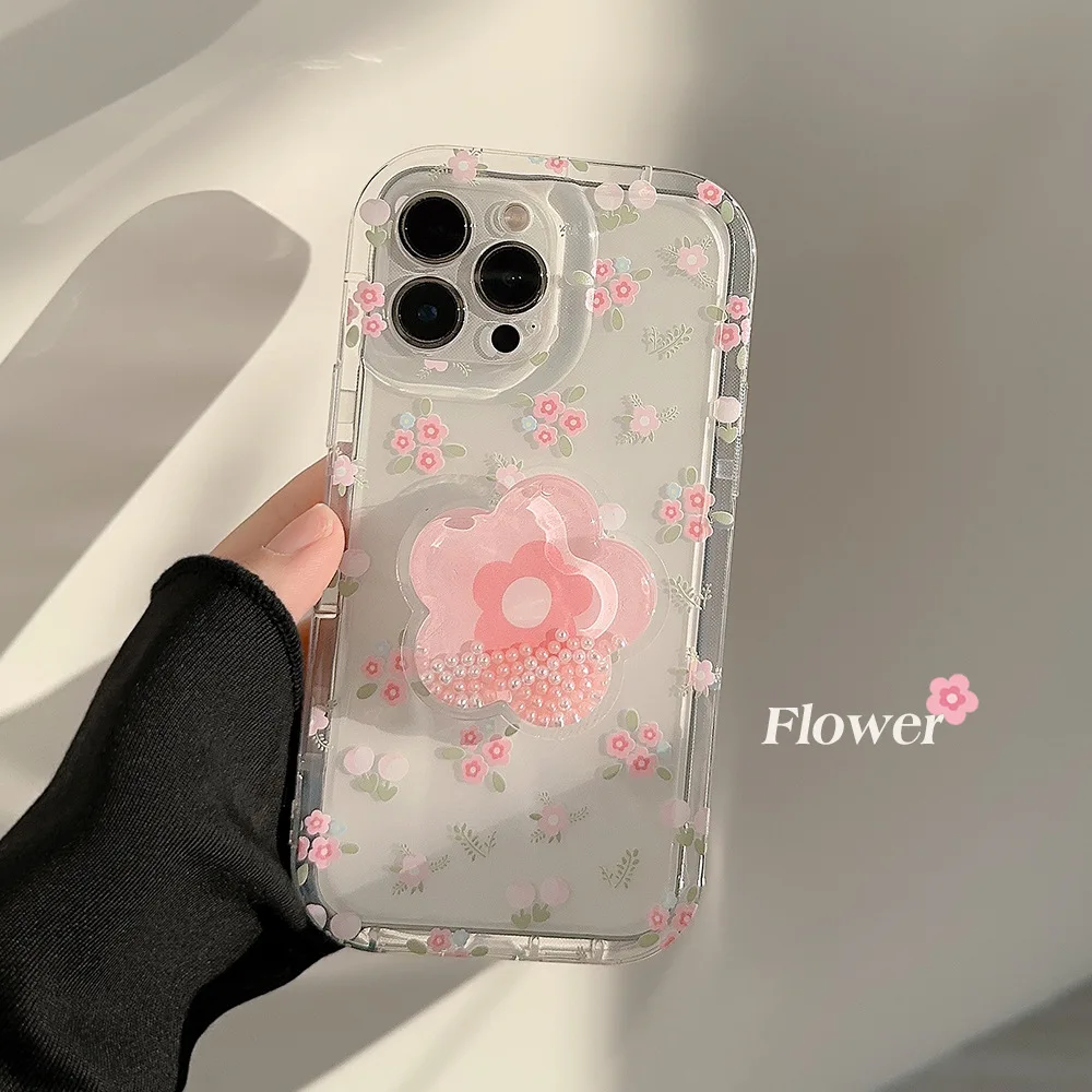 Koreanische Blume GripTok Quicksand Halter Weiche Telefon Fall Für iPhone 14 13 12 15 16 11 12 Pro max Transparente Stoßfest Zurück Abdeckung