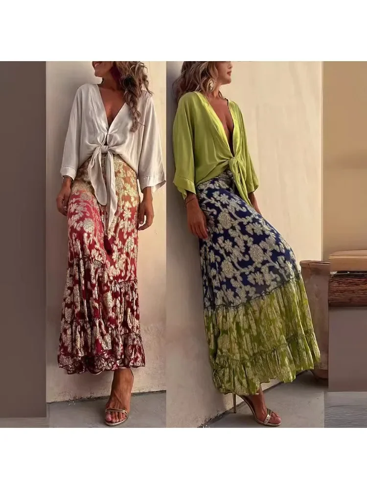 Women Gradient Fashion Half Length Dress INS Casual Loose Vacation Half Length Dress Women\'s Spliced Bohemian Super Long Skirt