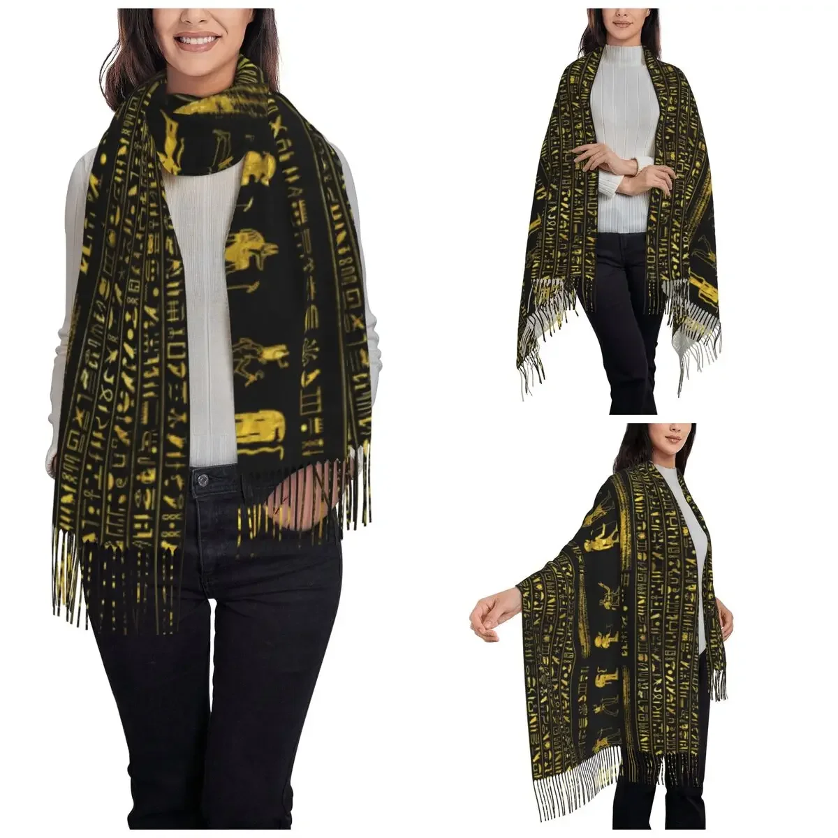 Golden Egyptian God Scarf for Womens Winter Fall Shawl Wrap Ancient Egypt Hieroglyphs Long Scarves with Tassel for Evening Dress