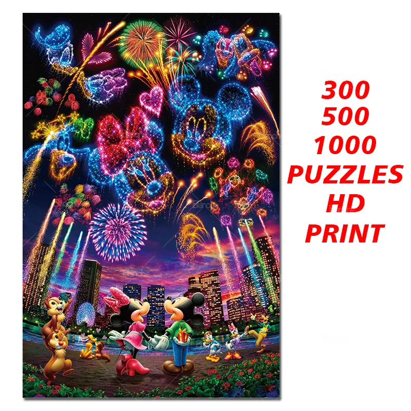 

Mickey Minnie Mouse Night Fireworks Building Scenery Disney Puzzles 300 500 1000PCS Paper Jigsaw For Kids Like Room Ornament