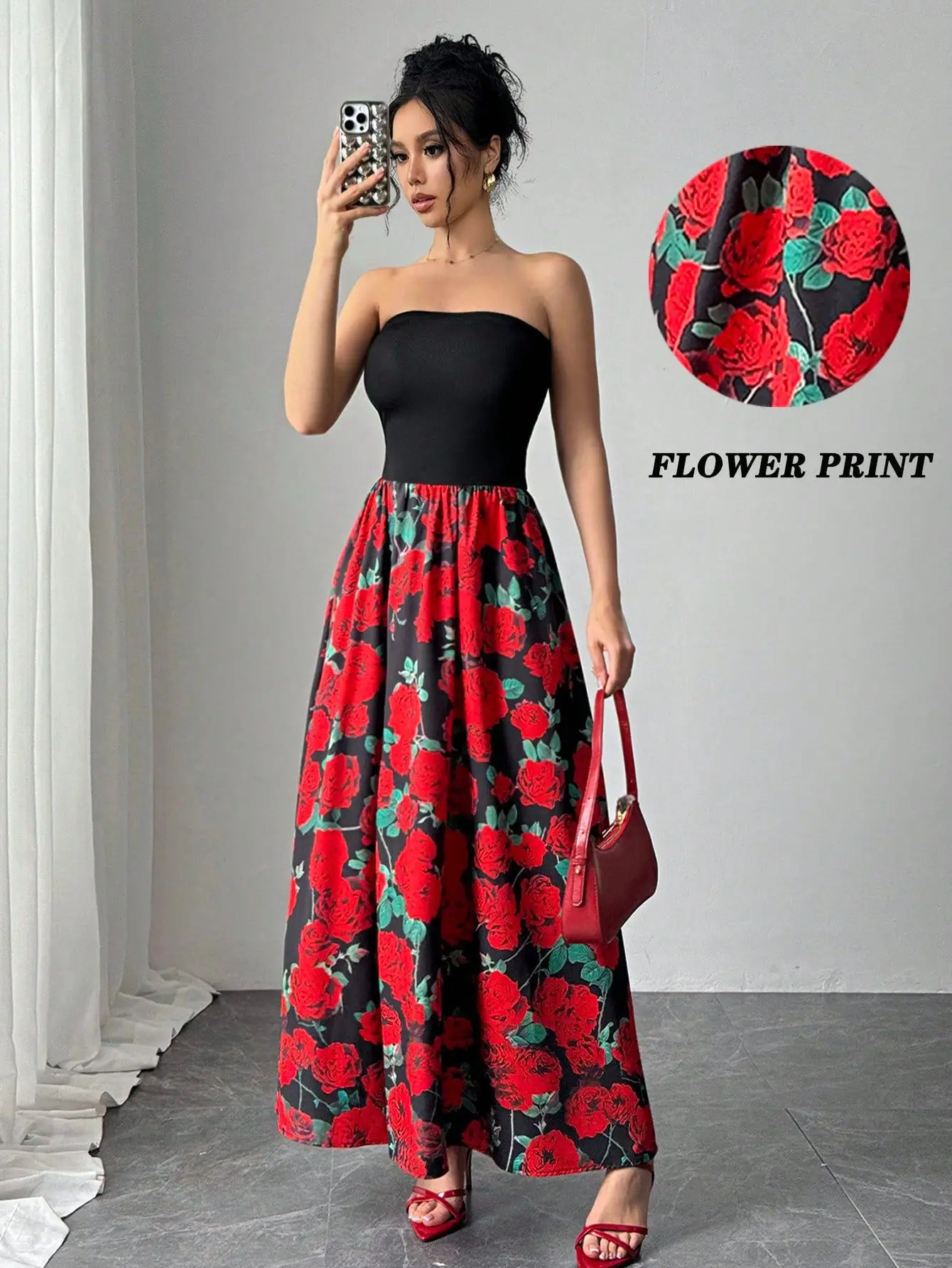 

European And American 2025 Spring And Summer New Elegant Women's Rose Printing Stitching Short Chest Wrap Sexy Dress