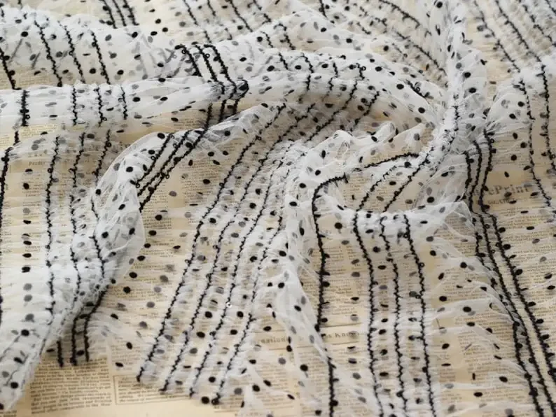 Tela de encaje flocado de lunares, blanco, negro, marrón, lentejuelas, tela de tul suave con volantes para niña, vestido tutú, boda, novia