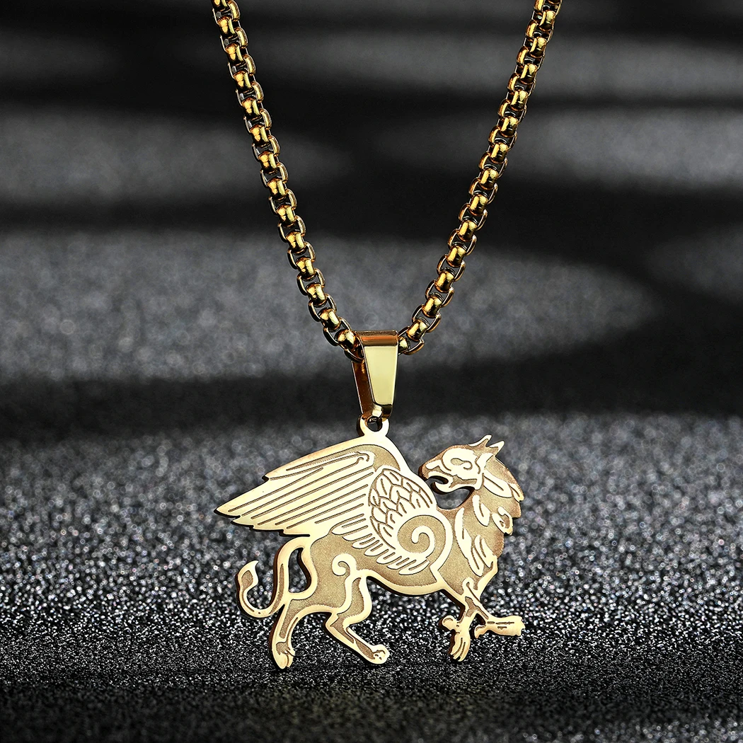 Todorova Vintage Stainless Steel Engraved Vikng Griffin Mythological Pendant Necklace For Men Charm Myth Eagle Lion Jewelry Gift