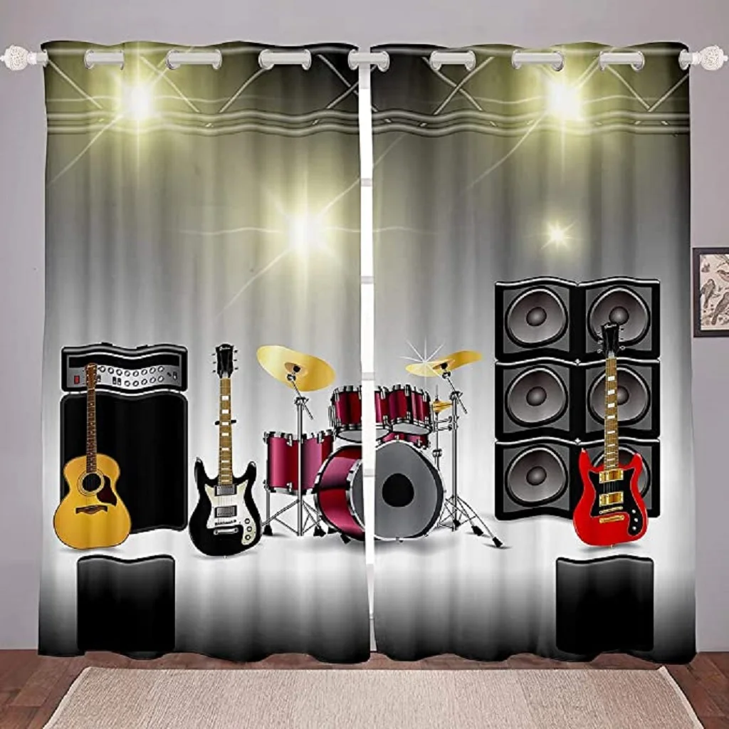 Pile of Graphic Colorful Electric Guitars Rock Music Stringed Instruments Curtains For Living Room Kitchen Curtain Bedroom Decor