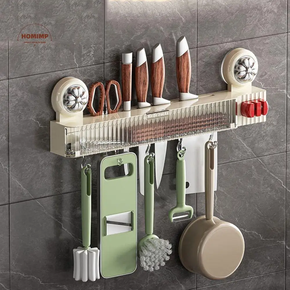

Plastic Suction Cup Knives Rack Large Capacity Wall Mounted Chopsticks Storage Box Space Saving with Hooks Kitchenware Organizer