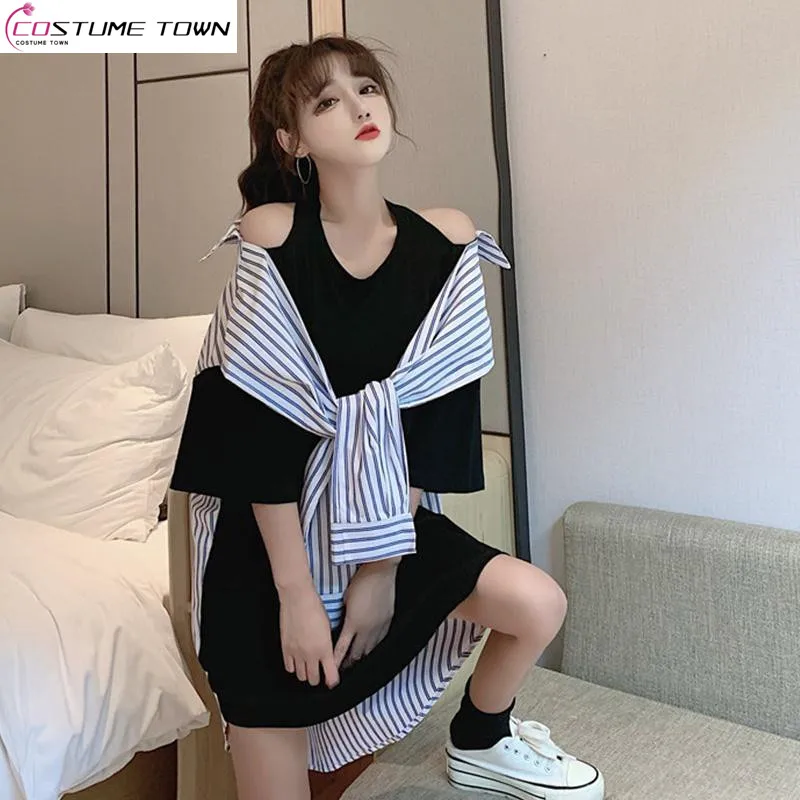 

Spring/Summer New Fake Two Piece Combination Shawl Loose Medium Length Black Age Reducing Short Sleeved T-shirt