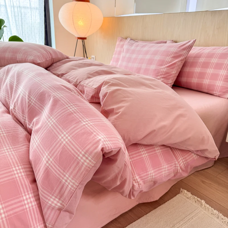 

2026 new all-cotton quilt cover Skin-friendly and breathable pink checkered quilt cover