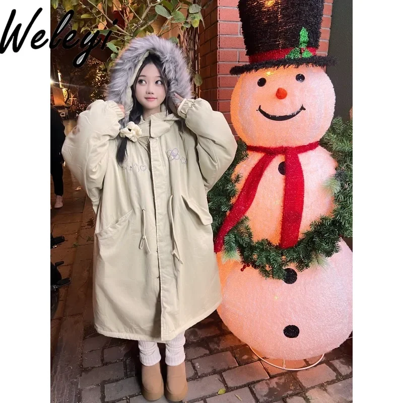 Sweet Fashion Warm Hooded Cotton Jacket Women's 2024 Winter Cutecore Versatile New Sub Culture Loose Thickened Zipper Long Coats