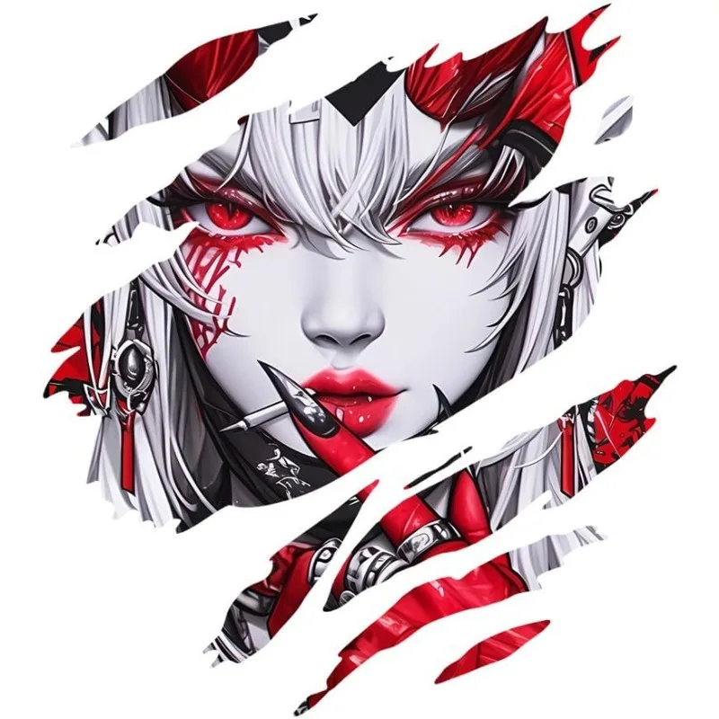 Edgy Red-Eyed Demon Anime Girl Torn Vinyl Sticker Graffiti Decal for Car Window Trunk Wall Laptop Skateboard Luggage