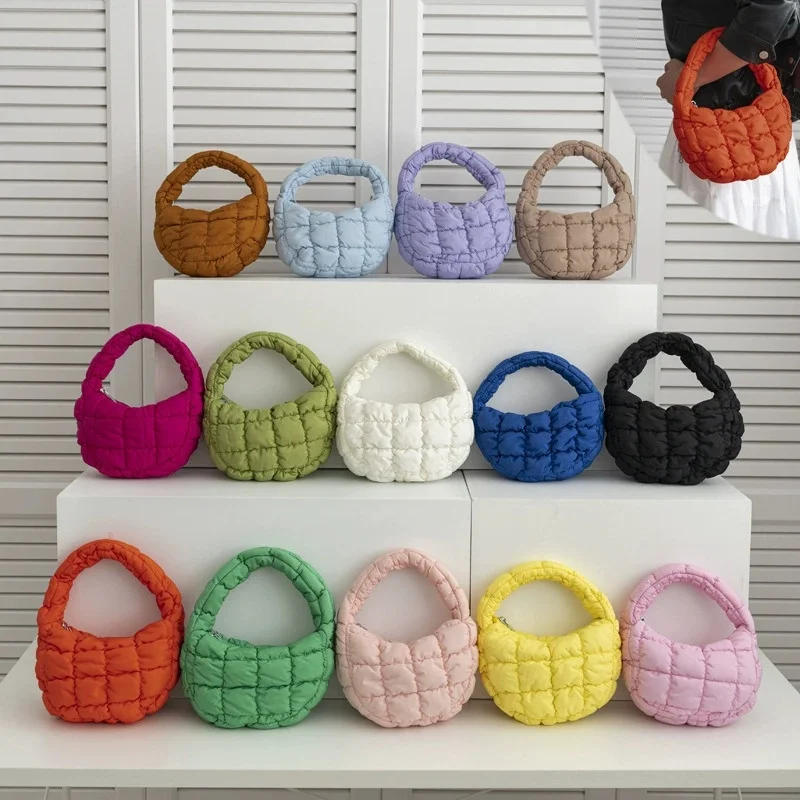 Fashion Mini Puffer Tote Bag Quilted Circle Phone Purse Elegant Purple Soft Nylon Padded Key Pouch Simple Trend Handbag