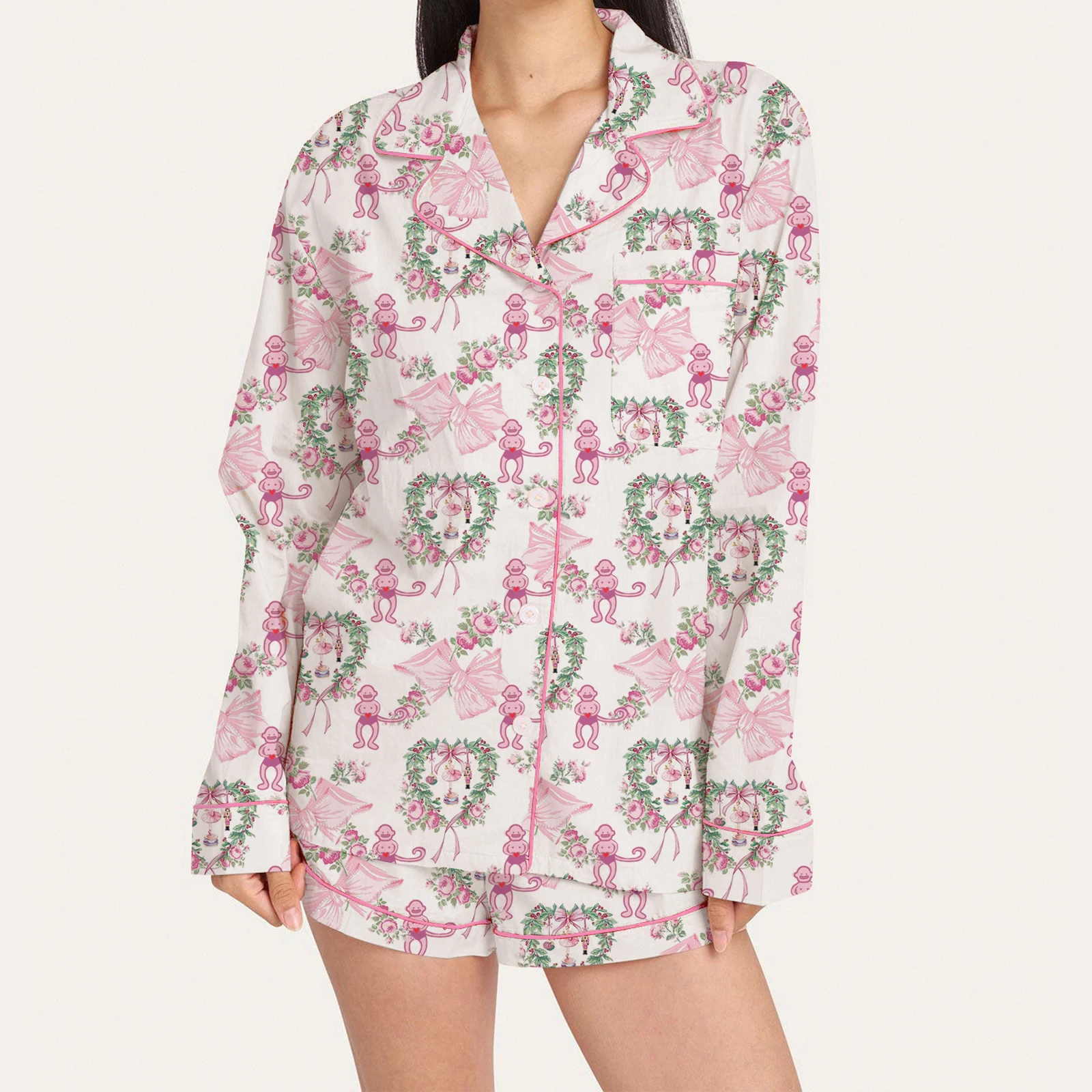 HEZIOWYUN Women's 2 Piece Floral Bow Monkey Print Loungewear Pajamas Set Long Sleeve Lapel Button Up Tops with Shorts Sleepwear