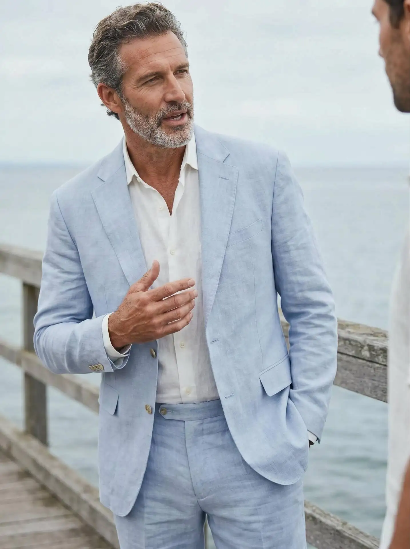 

Sky Blue Linen Causal Men Suits for Beach Party Business Two Pieces Wedding Tuxedos Set Notched Lapel Suit Jacket Pants