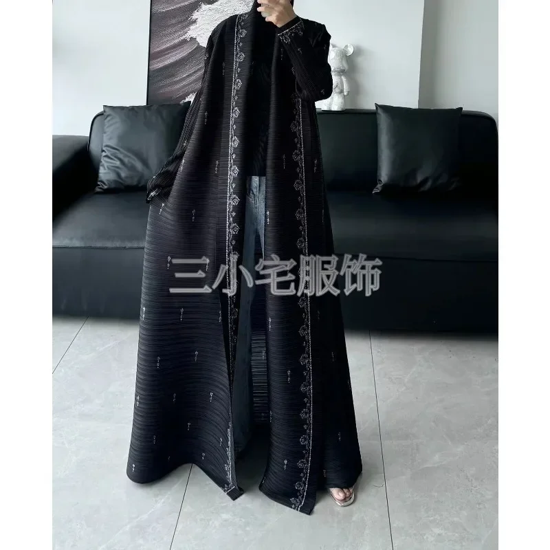 Pleats Pleated Vintage Printed Lapel Long Sleeve Black Women's Jacket 2024 Winter New Dubai Style Plus Size  Abaya Dress