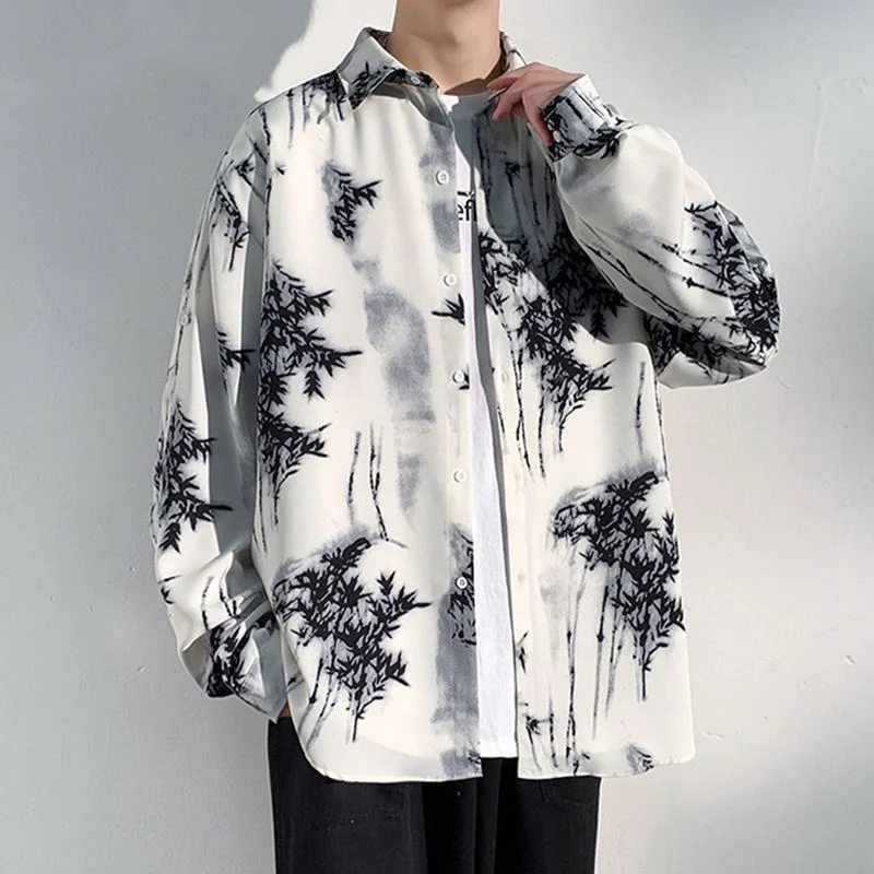 

Large Size 300 Pounds Water-Mark Print Long Sleeve Shirt Men's Summer Thin Sun Protection Casual Outerwear Chinese Style Loos...