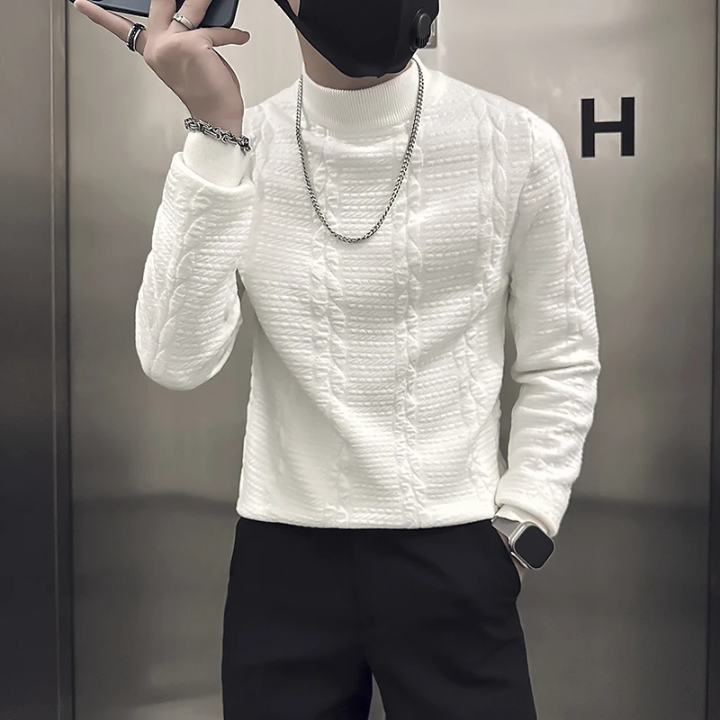 

High Quality Jacquard Sweater Men Winter Long Sleeve Half Turtleneck Slim Casual Knitted Pullover Social Business Knitwear Tops