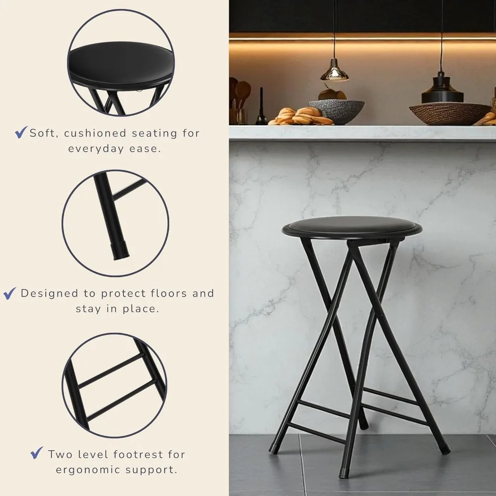 Set of 2 Black Folding Bar Stools, 24-Inch Height, 225lb Capacity for Kitchen or Game Room