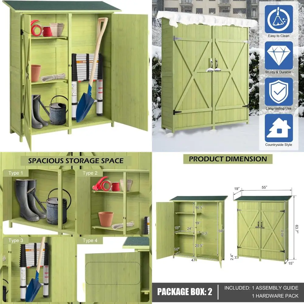 

Садовый сарай, деревянный шкаф для хранения, водонепроницаемая крыша, двойные запираемые двери, 2 съемные полки, решение для хранения на открытом воздухе