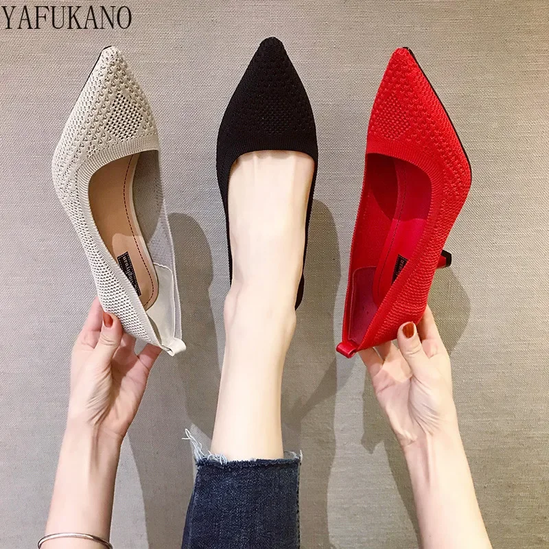 Ol Office Lady Shoes High Heels Knit Stretch Fabric Pumps Women Dress Shoes Black Basic Pump Pointed Toe zapatos mujer Spring