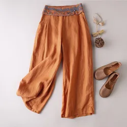 2024 Summer Chinese Style Wide Leg Mid Waist Cotton Linen Straight Casual Slim Elegant Embroidery Thin Elastic Chic Pants Women