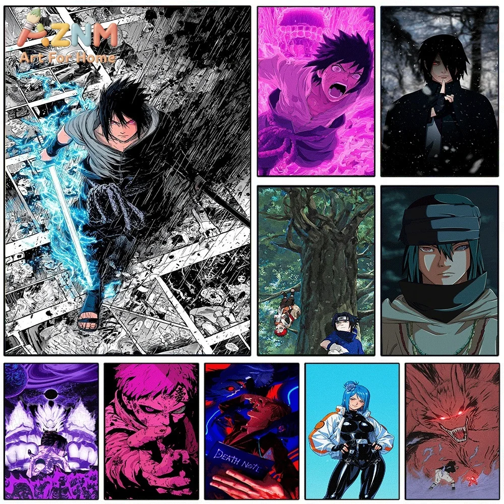 AZNM Uchiha Sasuke, Impresión en Lienzo con Efecto de Rayo de Chakra Azul, Arte Gráfico de Personajes de Anime Naruto, Escena de Lluvia