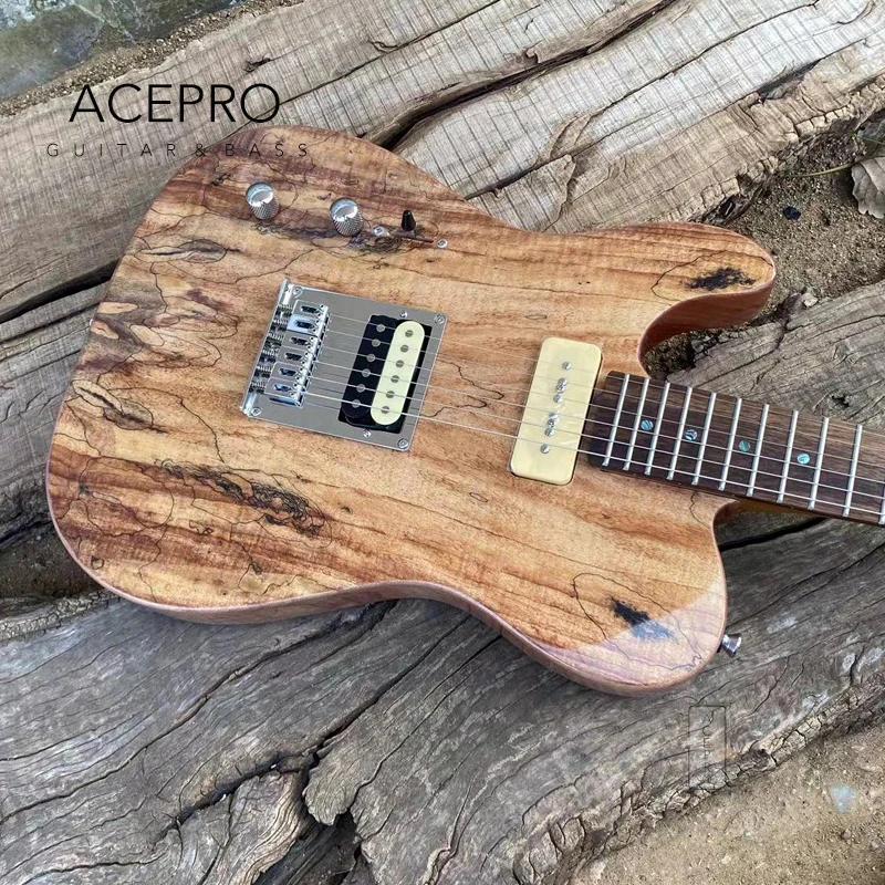 ACEPRO Left Handed Electric Guitar, Natural Color Spalted Maple, Abalone Dots Inlays, Roasted Maple Neck, Chrome Hardware