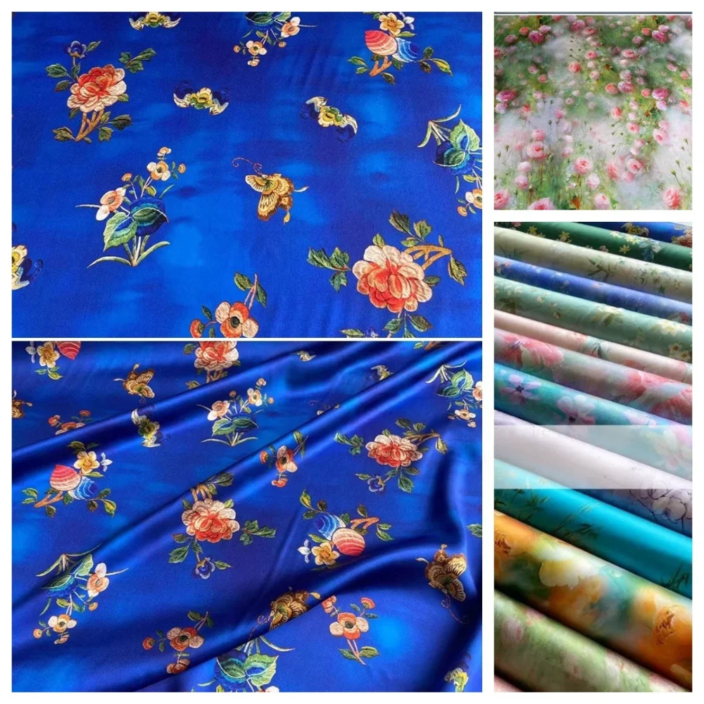 

Summer Stretch Mulberry Silk Satin Fabric for Printed Dresses Cheongsam Shirt Fabrics By The Meter Diy Sewing Material Cloth