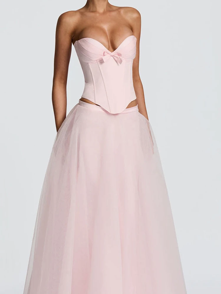 Сексуальный укороченный топ без бретелек и сетчатые юбки Вечерние наряды Женские элегантные однотонные банкетные костюмы без рукавов Модные милые платья Комплекты из 2 предметов