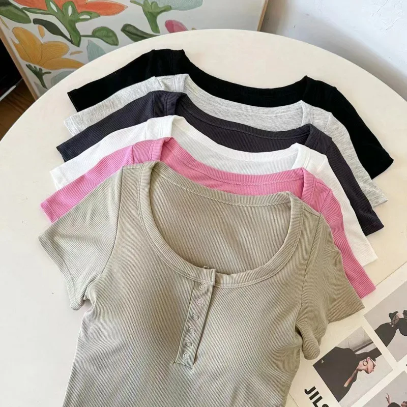 Cotton Short-sleeved Button-down Design Beautiful Suspender Chest Pad Slimming Sexy Slimming Top Майка С Бюстгалтером