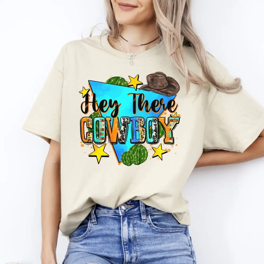 Hey there cowboy T-Shirt gift Western girl Texas cowgirl Unisex tee Sand White S High Quality 100%Cotton Short Sleeve