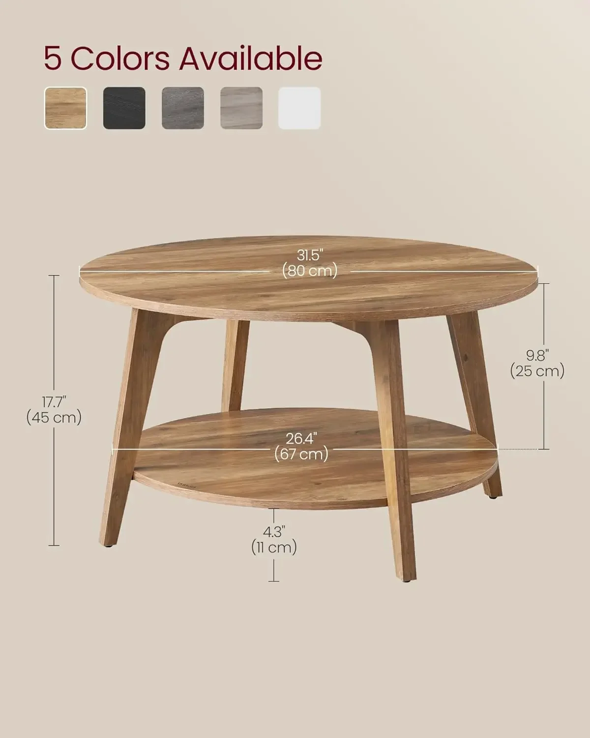 Round Coffee Table, 2 Tier Coffee Table with Storage, for Living Room, 31.5 x 17.7 Inches, Easy to Assemble, Honey Brown
