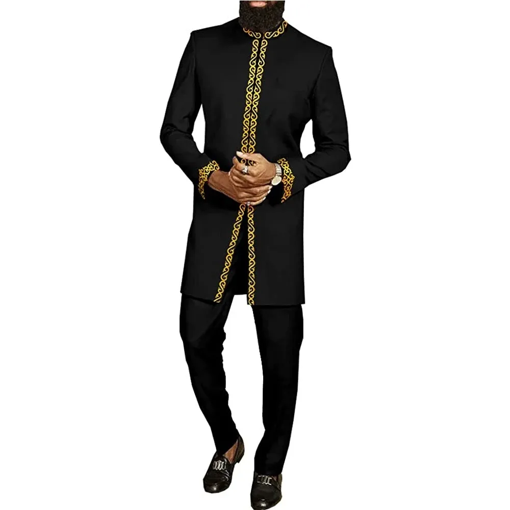 White Kaftan Men\'s Suit Embroidery Floral Top Pants Kaunda Suit African Casual Outfits Wear Traditional 2PCS Set Wedding Tuxedo