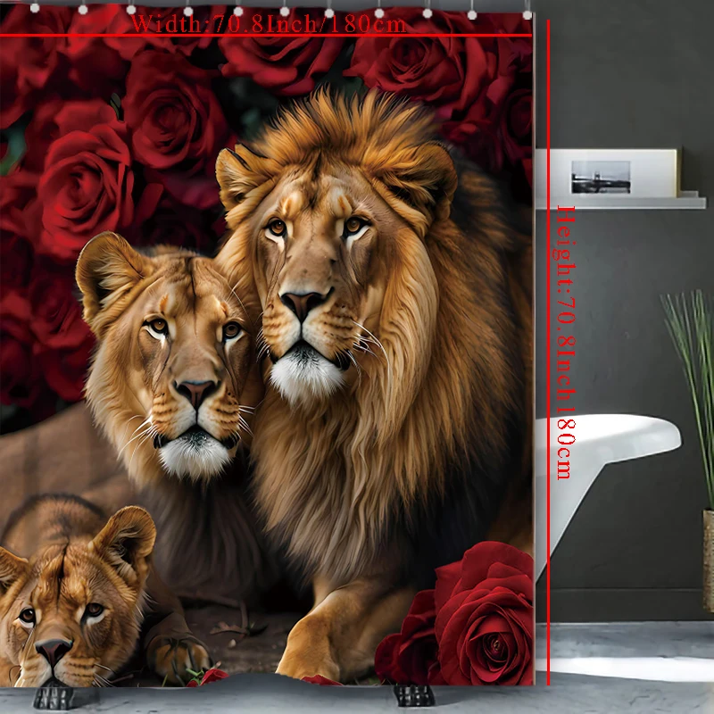 Valentine\'s Day Flower Animal Lion Rose Bathing Curtain  Bathroom Shower Curtain Waterproof With 12 Hooks Home Deco Free Ship