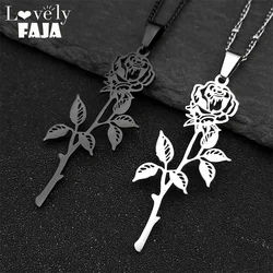Gothic Rose Flower Pendant Necklace For Women Men Stainless Steel Black Silver Color Plant Chain Choker Couple Jewelry Gift