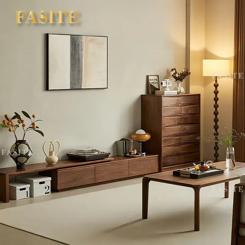 Nordic TV Cabinet and Coffee Table Combination Walnut Color Living Room Furniture for Small Apartment Simple Italian