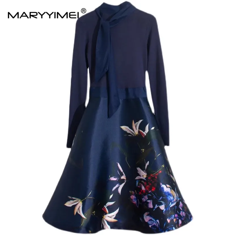 MARYYIMEI Fashion Designer Autumn Women's dress Long sleeved Knitting Patchwork Floral-Print Slim Elegant Dresses