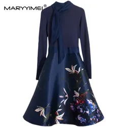 MARYYIMEI Fashion Designer Autumn Women's dress Long sleeved Knitting Patchwork Floral-Print Slim Elegant Dresses