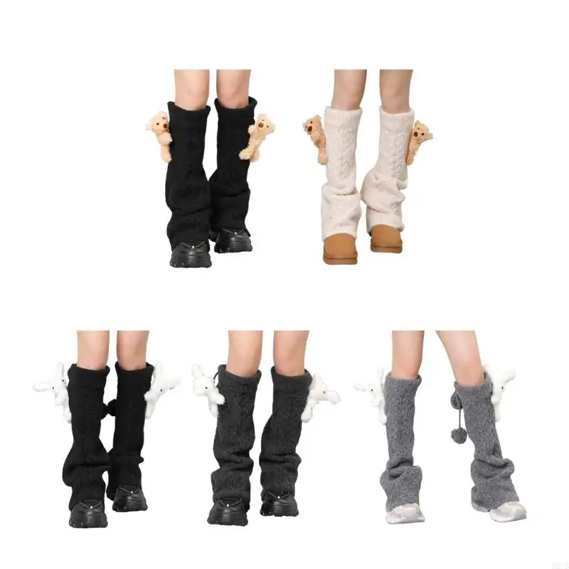 

Japanese Bear Rabbit Dolls Cable Knit Drawstring Leg Warmers for Women Warm Flared Foot Covers Knee Length Socks