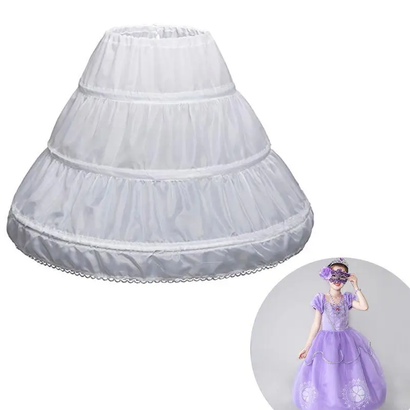 White Children Petticoat A-Line 3 Hoops Layer Kids Crinoline Lace Trim Flowe N7YE