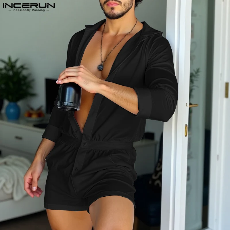 INCERUN 2024 American Style New Men Homewear Fashion Jumpsuit Ruffled Edge Design Bodysuits Male Solid Sexy Long Sleeved Rompers