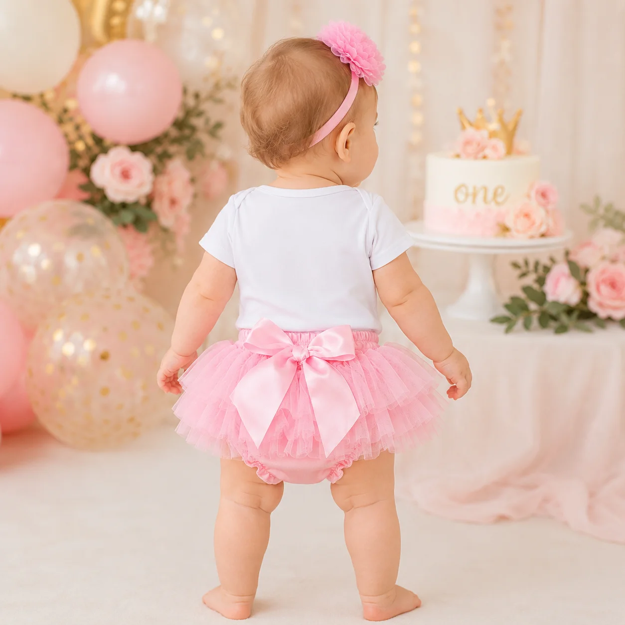 3Pcs Baby First Birthday Clothes Set Princess Print Romper Pink Tulle Tutu Skirt Floral Headband Infant Girl 1 Year Birthday Par