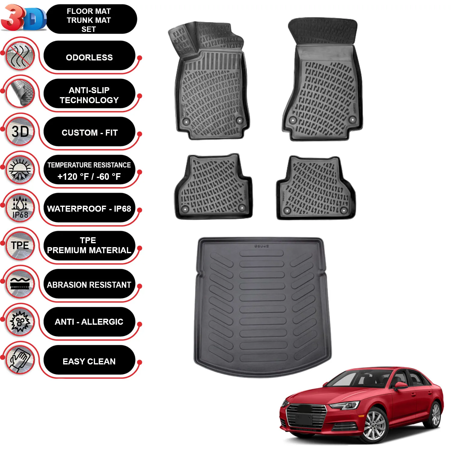 

Audi A4 B9 Sedan (2016-2023) - Floor Mats + Cargo Trunk Liner - SET - (Black)