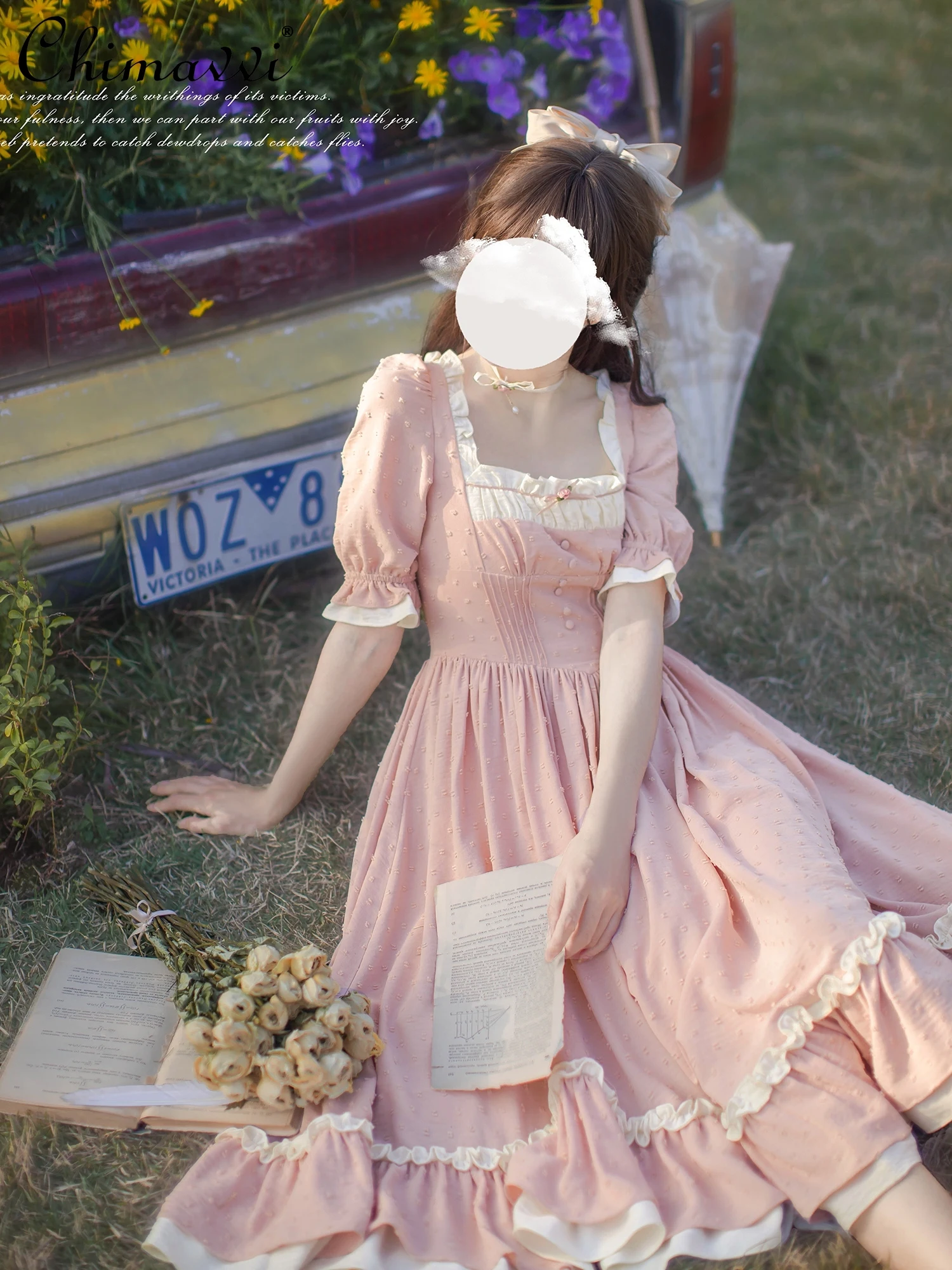 

Original French Retro Dress 2025 Spring and Summer New Sweet Girl Pink Bubble Sleeve Pastoral Lolita Temperament Long Dresses