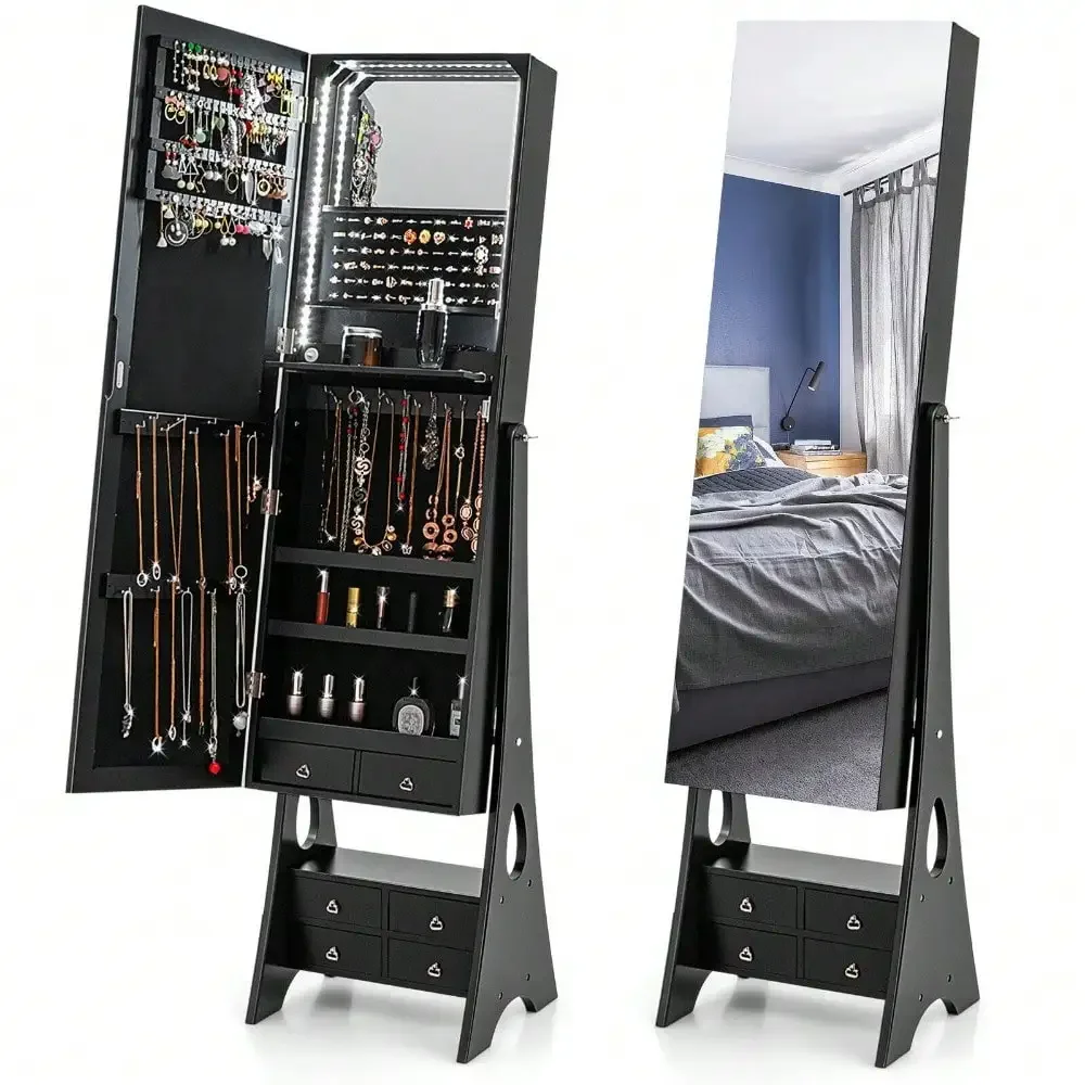 

Jewelry Cabinet Armoire Full Length Mirror W/ 6 Drawers & Makeup Shelf Black