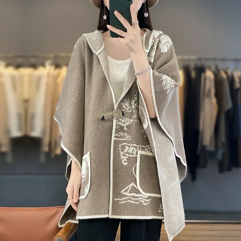 Tailor Sheep 100% Wool Women's Hooded Shawl, High-end Knitted New Autumn and Winter Women's Coat Shawl