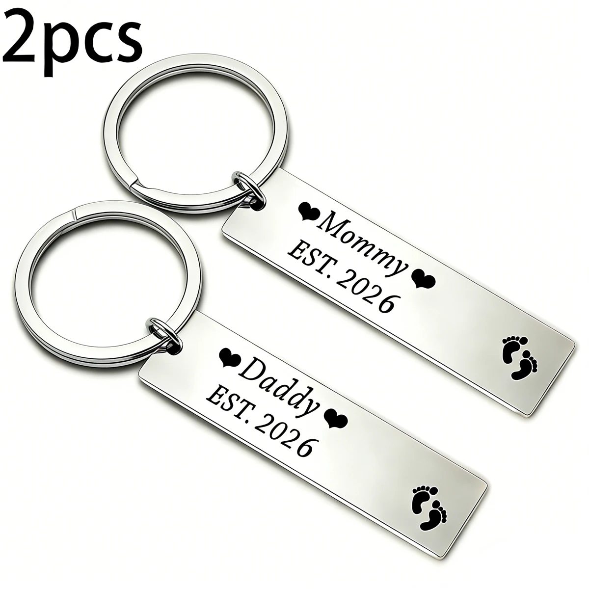 2PCS New Parents Keychains Gift Stainless Steel Laser Engraved Key Chains Mommy Daddy Est 2026 Couple Keyring Baby Shower Gift