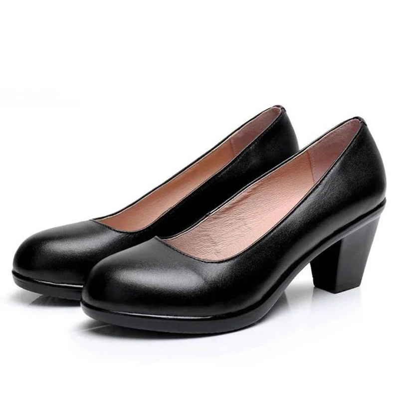 TIMETANGGenuine Leather shoes Women Round Toe Pumps Sapato feminino High Heels Shallow Fashion Black Work Shoe Plus Size 33-43