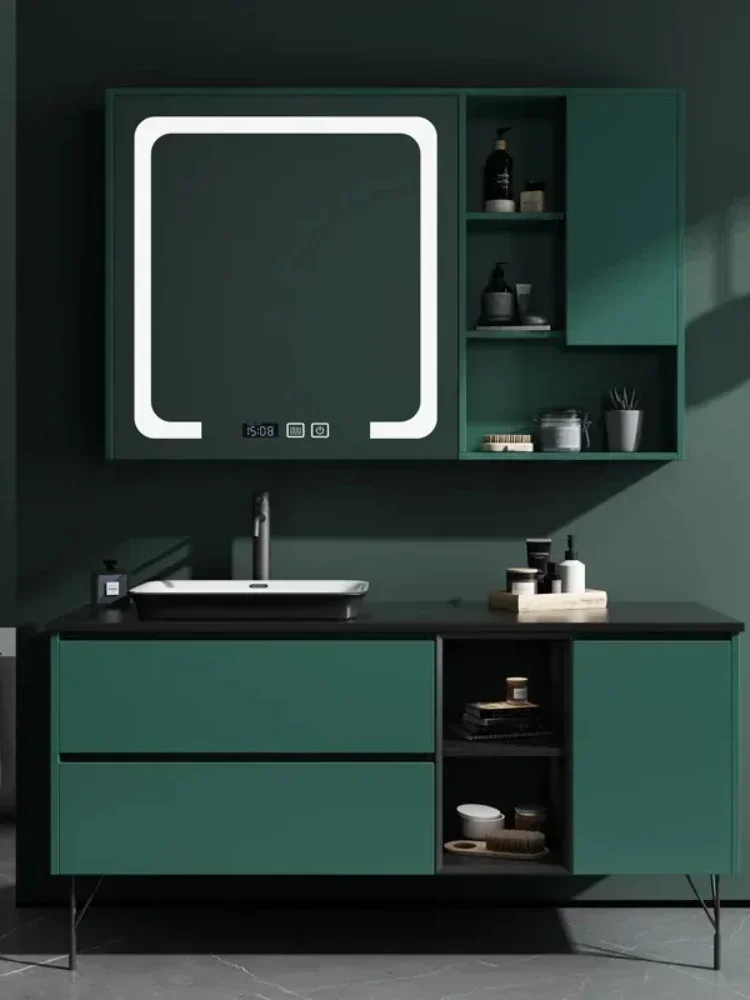 Solid wood simple toilet, bathroom cabinet, intelligent LED touch screen, mirror combination, modern washbasin