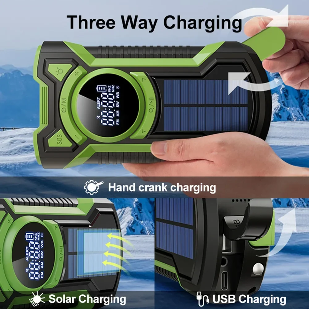 Emergency Hand Crank FM AM Radio Built-in Bluetooth Speaker Outdoor Waterproof Support Solar Cahrging SOS Alert LED Flashlight