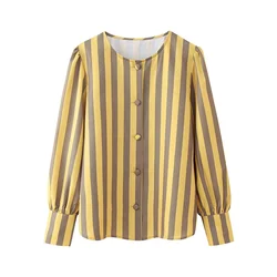 UNIZER2024 Spring New Product Women's Casual Loose Round Neck Long sleeved Single breasted Fashion Striped Shirt