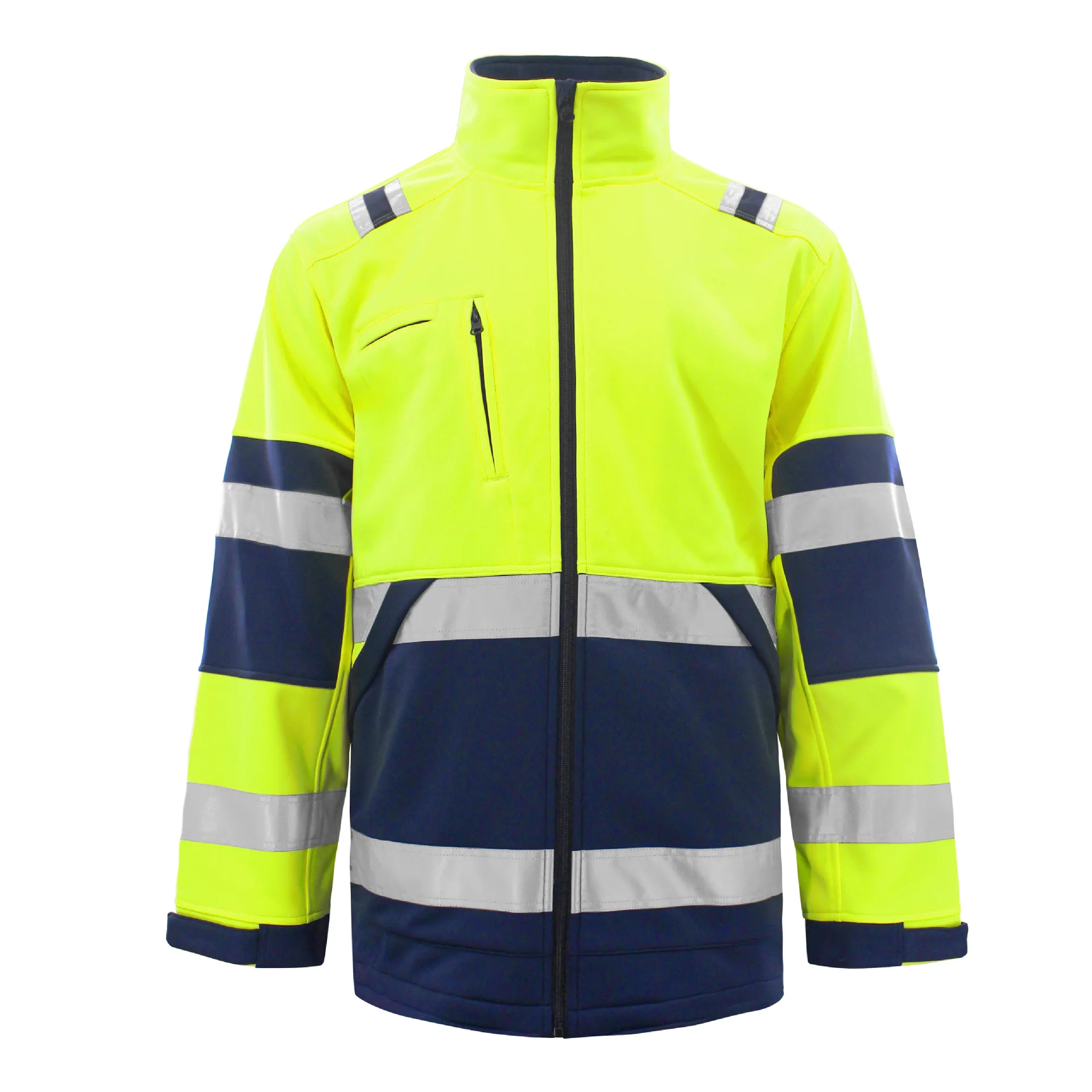 Hi Vis Jacket High Visibility Reflective Fleece Jacket Winter Stripe Patchwork Hoodies Two Tone Stand Collar Safety Work Clothes